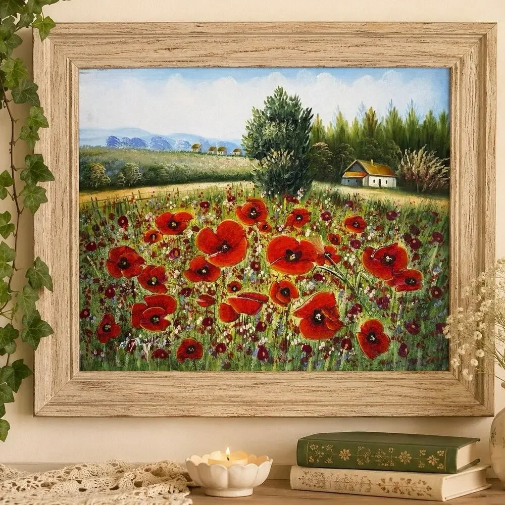 Original Field Of Poppies Hand Painted Scenic Country Landscape Impasto 20x24 - Picture 1 of 9
